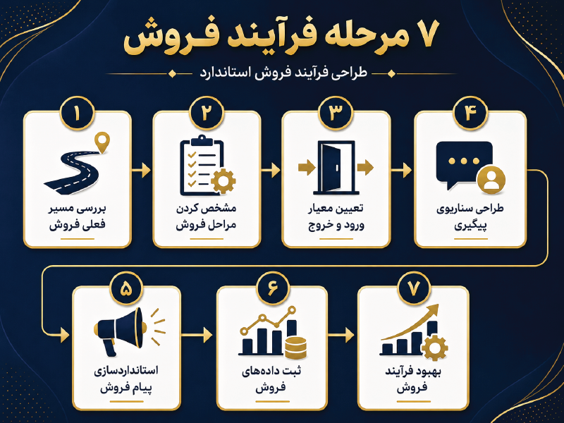 اینفوگرافیک ۷ مرحله فرآیند فروش